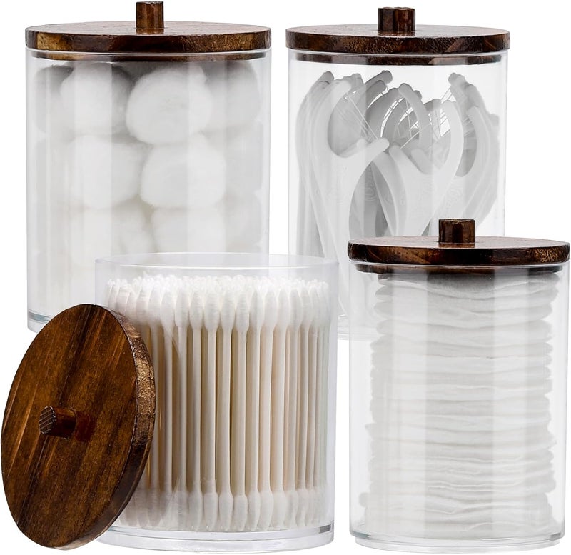 Tbestmax 4 Pack Qtip Holder Dispenser Cotton Ball, Cotton Swab, Floss - 12oz, 10 oz Clear Plastic Apothecary Jars for Bathroom Organizer and Storage Containers (Brown Wood Lids) - Image 1